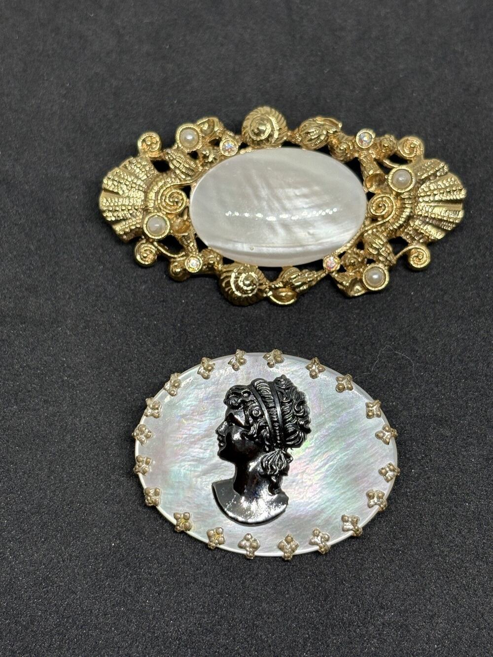 Vintage MOP Pearl Shell Lady Cameo Golden Rhinestone Brooch Lot Of 2